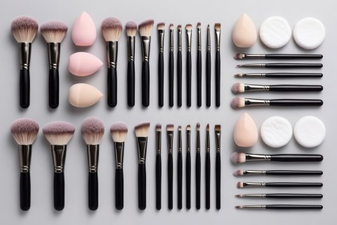 Organized assortment of professional cosmetic makeup brushes, sponges, and puff tools